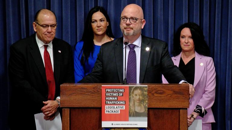 Republican state representatives are pictured at a March news conference Springfield, which they called to promote bills aimed at protecting human trafficking victims. Pictured at the podium is Rep. Jeff Keicher, R-Sycamore. Other lawmakers from left to right are Rep. Brad Stephens, R-Rosemont; Rep. Nicole La Ha, R-Homer Glen; and Rep. Jennifer Sanalitro, R-Hanover Park. (Andrew Campbell / Capitol News Illinois) 