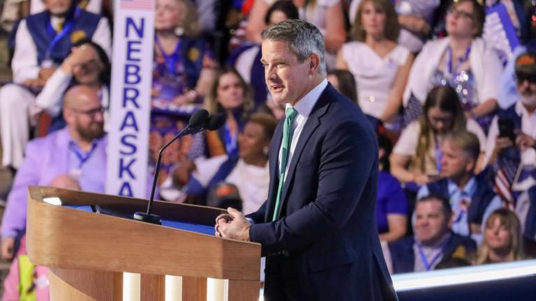 Former U.S. Rep Adam Kinzinger addresses the Democratic National Convention on Aug. 22, 2024. (Andrew Adams / Capitol News Illinois)