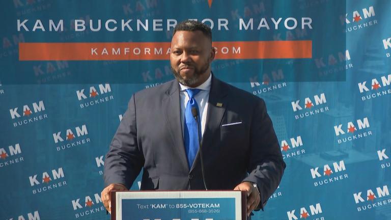 State Rep. Kam Buckner, D-Chicago, announces his campaign for mayor on May 12, 2022. (WTTW News)