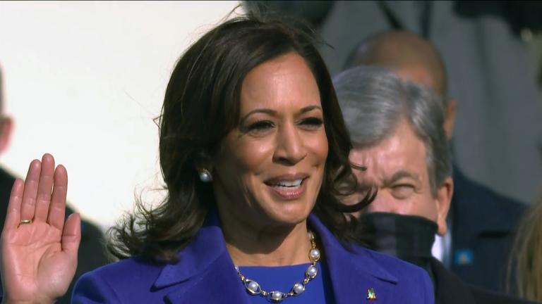 Kamala Harris is sworn in as vice president during the 59th Presidential Inauguration at the U.S. Capitol on Wednesday, Jan. 20, 2021. (WTTW News via CNN)