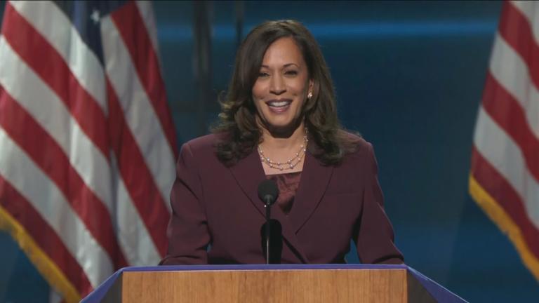 Kamala Harris, a member of the Alpha Kappa Alpha sorority, makes history by accepting the Democratic nomination for vice president. (WTTW News via CNN)