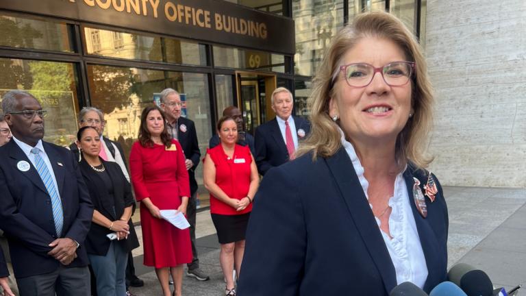 Illinois GOP Chair Kathy Salvi speaks at a news conference Sept. 16, 2024. (Amanda Vinicky / WTTW News)