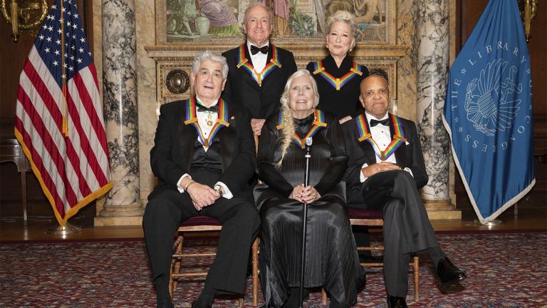 2021 Kennedy Center honorees, from left, Justino Díaz, Lorne Michaels, Joni Mitchell, Bette Midler, and Berry Gordy pose following the Medallion Ceremony for the 44th annual Kennedy Center Honors on Saturday, Dec. 4, 2021, at the Library of Congress in Washington. (AP Photo / Kevin Wolf)