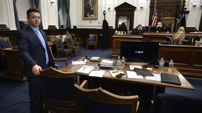 Kyle Rittenhouse waits near his table during a break in his trial at the Kenosha County Courthouse in Kenosha, Wis., on Monday, Nov. 15, 2021. (Sean Krajacic/The Kenosha News via AP, Pool)
