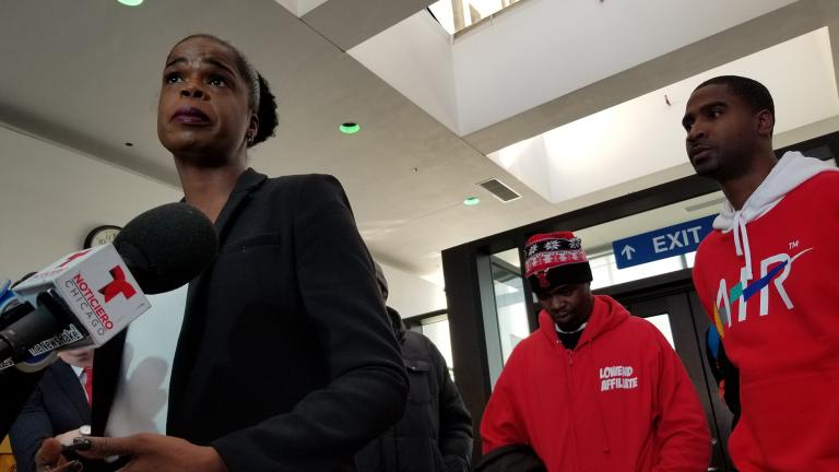 Cook County State’s Attorney Kim Foxx speaks with reporters following a hearing inside the Leighton Criminal Court Building on Tuesday, Feb. 11, 2020. (Matt Masterson / WTTW News)