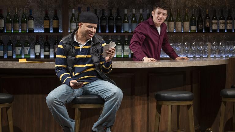 Ensemble member and Artistic Director Glenn Davis, left, and Chris Perfetti in Steppenwolf Theatre’s world premiere production of “King James” by ensemble member Rajiv Joseph. (Credit Michael Brosilow)