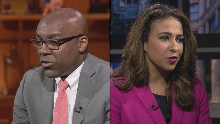 Candidates for Illinois attorney general Kwame Raoul and Erika Harold participate in a “Chicago Tonight” forum on Oct. 29, 2018.