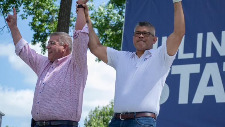 Darren Bailey and Aaron Del Mar, the Republican ticket for governor in 2026, greet fairgoers on Aug. 20, 2026, during Republican Day at the Illinois State Fair. (Jerry Nowicki / Capitol News Illinois)