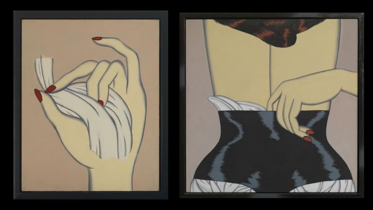 Left: Untitled work by Christina Ramberg, 1971. (Stewart Clements Photography) Right: “Probed Cinch” by Christina Ramberg. (Courtesy of the Art Institute of Chicago)