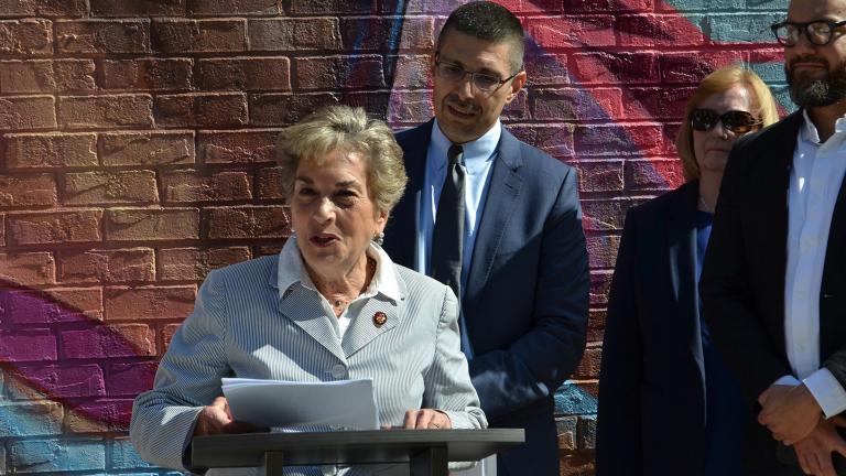 U.S. Rep. Jan Schakowsky (D-IL, 9th District) speaks outside the Howard Brown Health Center Friday, June 14 about how the Trump administration’s policies are limiting LGBTQ individuals’ access to health care. (Kristen Thometz / WTTW News)