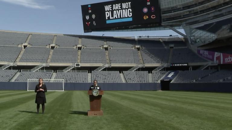 Mayor Lori Lightfoot teams up with the city’s professional sports teams to launch a new campaign, “We Are Not Playing,” to encourage residents to stay at home. Lightfoot announced the new campaign Monday in an empty Soldier Field. (Chicago Mayor’s Office / Facebook photo) Mayor Lori Lightfoot teams up with the city’s professional sports teams to launch a new campaign, “We Are Not Playing,” to encourage residents to stay at home. Lightfoot announced the new campaign Monday in an empty Soldier Field. (Chicago Mayor’s Office / Facebook photo)