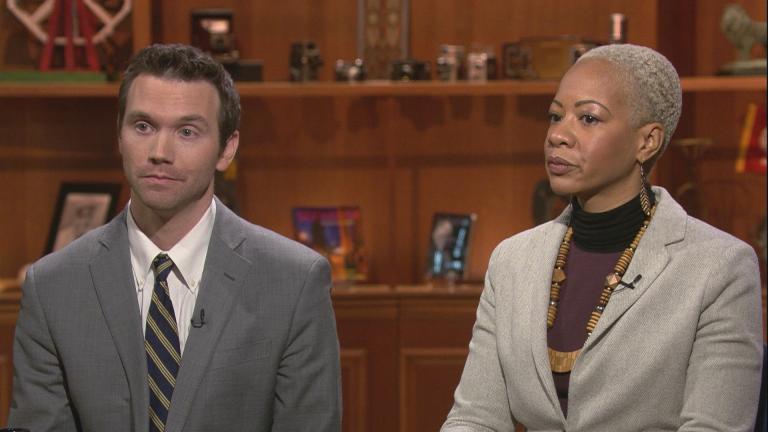 Former Lincoln Park High School interim Principal John Thuet and the former assistant Principal Michelle Brumfield appear on “Chicago Tonight” on Feb. 27, 2020. (WTTW News)