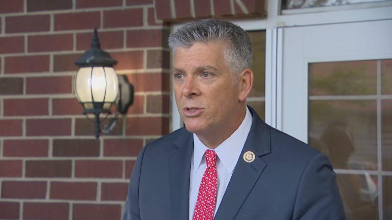 U.S. Rep. Darin LaHood (R-Illinois) speaks to the news media in Milwaukee on July 18, 2024. (WTTW News)