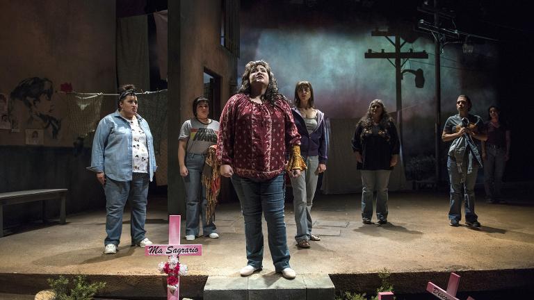 Karen Rodriguez, front, and the cast of “La Ruta” in Steppenwolf’s world premiere production by Isaac Gomez. (Photo by Michael Brosilow)
