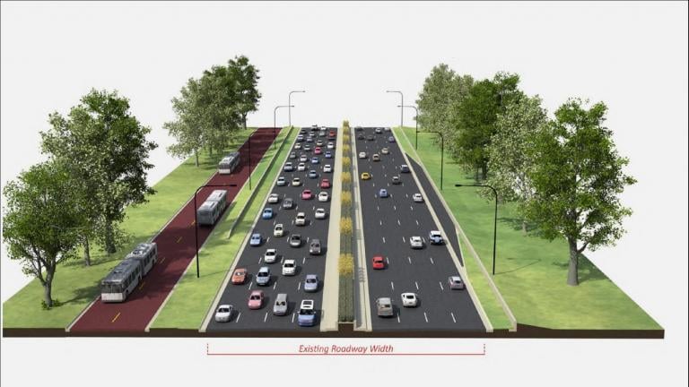 A rendering shows a dedicated bus lane adjacent to Lake Shore Drive.