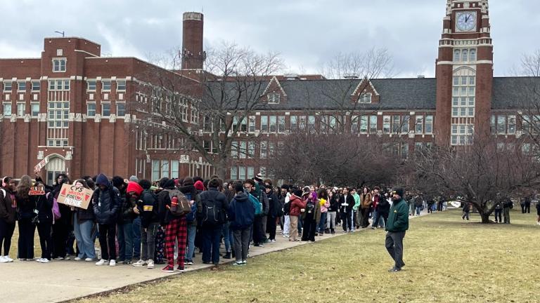 Students at Lane Tech High School staged a walkout on Jan. 30, 2024, in support of a cease-fire in Gaza. (Paris Schutz / WTTW News)