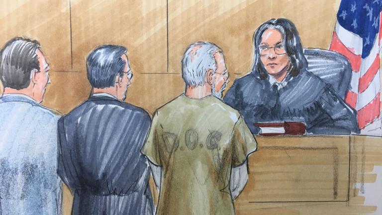 Wyndham Lathem stands with his attorneys in Cook County Circuit Court on Thursday. (Courtroom sketch by Thomas Gianni)