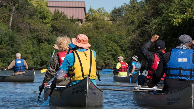 The Lathrop Riverfront Group holds a kick-off paddle along the Chicago River. (Courtesy Metropolitan Water Reclamation District of Greater Chicago)