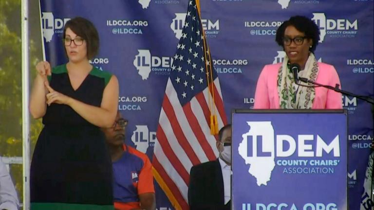 U.S. Rep. Lauren Underwood speaks at Governor’s Day at the Illinois State Fair on Wednesday, Aug. 18, 2021. (WTTW News)