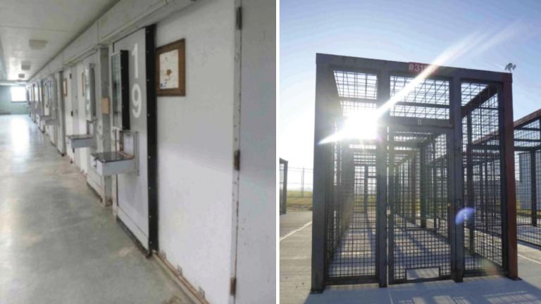 Images of the Lawrence Correctional Center restrictive housing unit in 2022, left, and restrictive housing yard, right, were included in a lawsuit filed by Uptown People’s Law Center. 