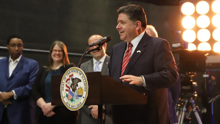 Gov. JB Pritzker announced in March an expansion of the state’s film tax credit at a news conference at the Cinespace Studio on Chicago’s West Side. (Casey Toner / Illinois Answers Project)