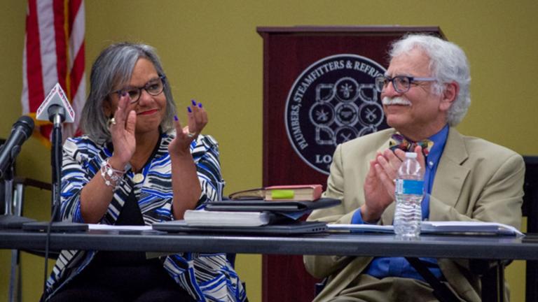 U.S. Rep. Robin Kelly is pictured in her final state central committee meeting as Democratic Party of Illinois chair in 2022. She’s pictured alongside then-party treasurer Michael Dorf. (Jerry Nowicki / Capitol News Illinois)