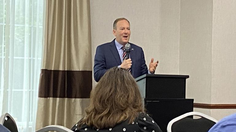 Former U.S. Rep Lee Zeldin (R-New York) speaks to the Illinois delegation’s breakfast on Tuesday, July 16, 2024, in Milwaukee. (Nick Blumberg / WTTW News)