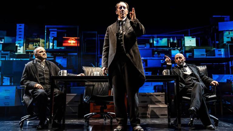 Anish Jethmalani, from left, Joey Slotnick and Mitchell Fain star in “The Lehman Trilogy” by TimeLine Theatre at the Broadway Playhouse. (Credit: Liz Lauren)