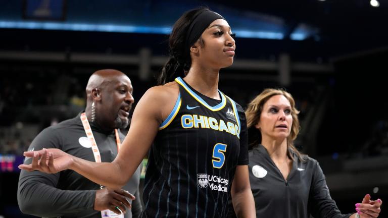  Chicago Sky’s Angel Reese heads to the locker room after being ejected from a WNBA basketball game against the New York Liberty during the second half Tuesday, June 4, 2024, in Chicago. (AP Photo / Charles Rex Arbogast)