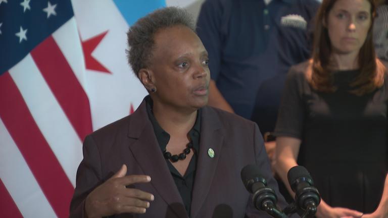 Mayor Lori Lightfoot addresses the news media Thursday, Sept. 1, 2022. (WTTW News)