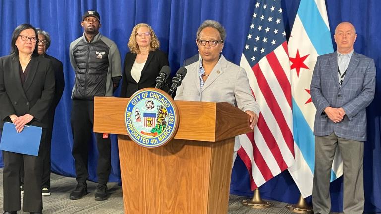 Mayor Lori Lightfoot addresses downtown violence on May, 16, 2022. (Heather Cherone / WTTW News)