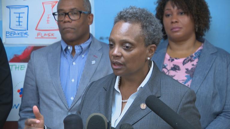 Mayor Lori Lightfoot speaks with reporters about the Chicago teachers strike, now in its third day, on Monday, Oct. 21, 2019. (WTTW News)