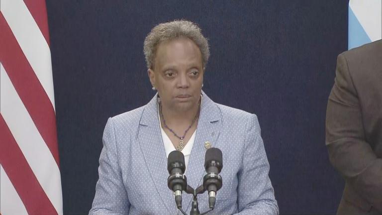 Mayor Lori Lightfoot speaks on Chicago’s response to arriving migrants on May 9, 2023. (WTTW News)
