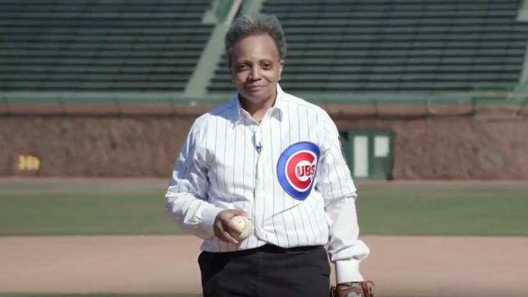 Mayor Lori Lightfoot announced the return of fans to baseball stadiums with a video posted Monday, March 8, 2021 on social media that showed her playing catch with Cubs mascot Clark and Sox mascot Southpaw. (Credit: Chicago’s Mayor’s Office)