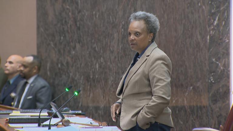 Mayor Lori Lightfoot speaks at the April 27, 2022, Chicago City Council meeting. (WTTW News)