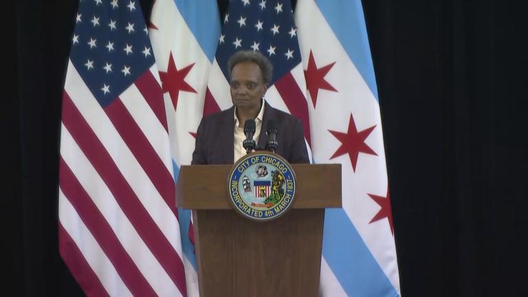 Mayor Lori Lightfoot delivers a farewell address on May 8, 2023. (WTTW News)