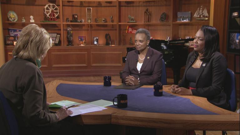 Mayor Lori Lightfoot, center, and Chicago Public Schools CEO Janice Jackson, right, appear on “Chicago Tonight.” (WTTW News)