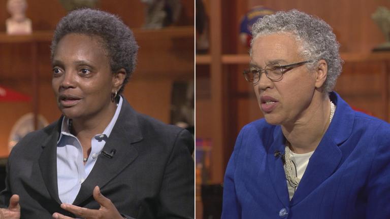 Mayoral candidates Lori Lightfoot, left, and Toni Preckwinkle appear on “Chicago Tonight” on May 14, 2018 and Oct. 16, 2017, respectively. 