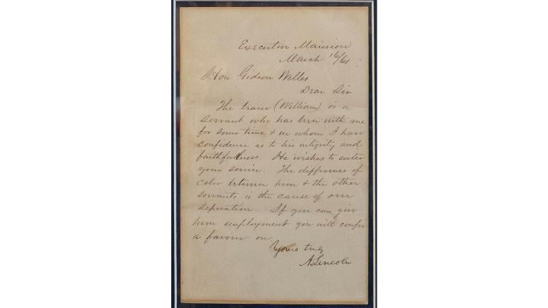 This image provided by the Abraham Lincoln Presidential Library and Museum shows an 1861 job-reference letter written by Abraham Lincoln for his young friend, William Johnson. (Abraham Lincoln Presidential Library and Museum via AP)