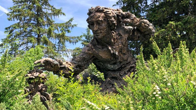 A sculpture representing scientist Carolus Linnaeus, “father of modern taxonomy,” at Chicago Botanic Garden. (Patty Wetli / WTTW News)