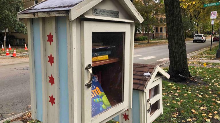 Little Free Library duo in Lincoln Square — one for adults and one for kids. (Patty Wetli / WTTW News)