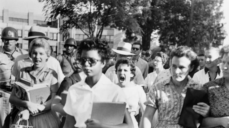 Elizabeth Eckford walks to Central High School in Little Rock, Arkansas.