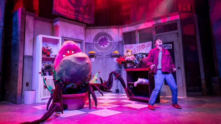 Sam Woods (puppet) and Christopher Kale Jones in “Little Shop of Horrors.” (Photo credit: Brett Beiner)