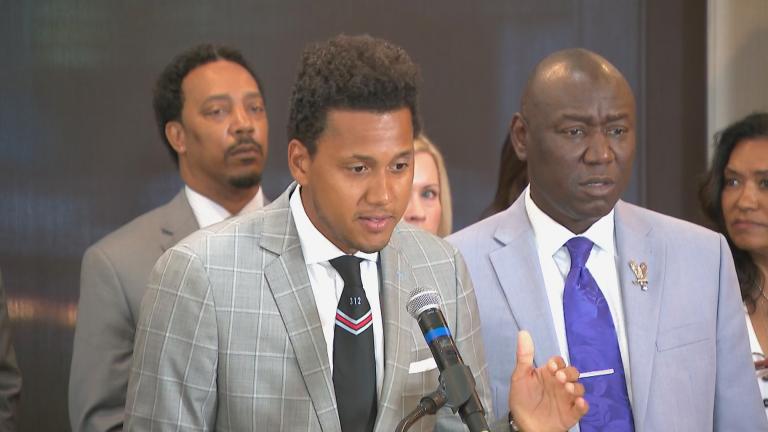 Former Northwestern University football player Lloyd Yates speaks at a July 19, 2023, news conference. (WTTW News)