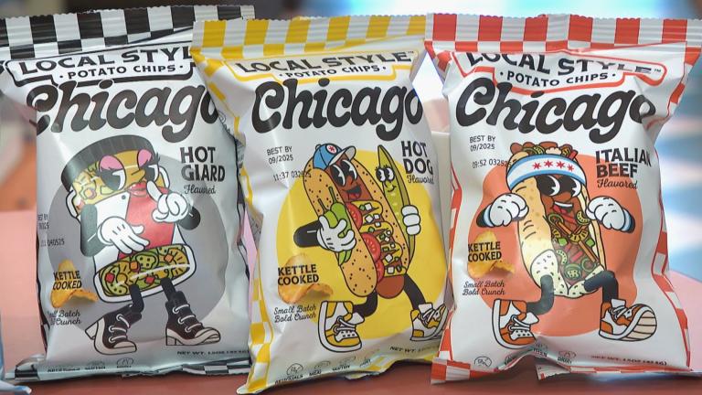 Three bags of Chicago-inspired chips from Local Style Chips. (WTTW News) Three bags of Chicago-inspired chips from Local Style Chips. (WTTW News)