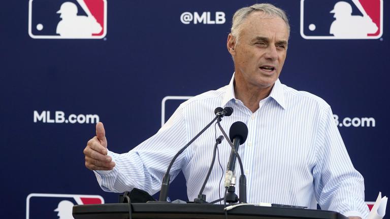 Major League Baseball Commissioner Rob Manfred speaks during a news conference after negotiations with the players’ association toward a labor deal, Tuesday, March 1, 2022, at Roger Dean Stadium in Jupiter, Fla. (AP Photo / Wilfredo Lee)