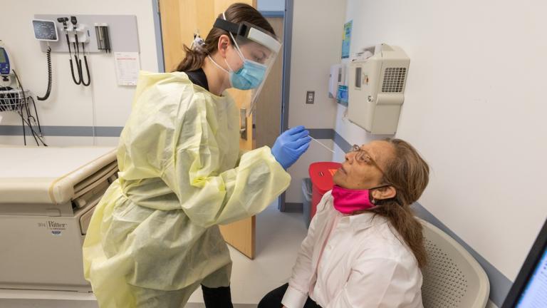 Alma Aguilar, a long COVID patient, participates in the RECOVER research study at Mile Square Health Center on March 10, 2022. (Joshua Clark / University of Illinois Chicago)