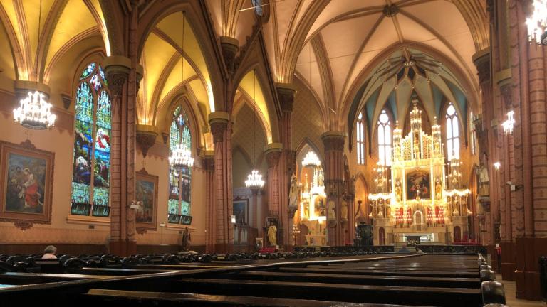 Church of the Holy Family opened in August 1860 with an interior by architect John Mills Van Osdel. (Marc Vitali / WTTW News) 