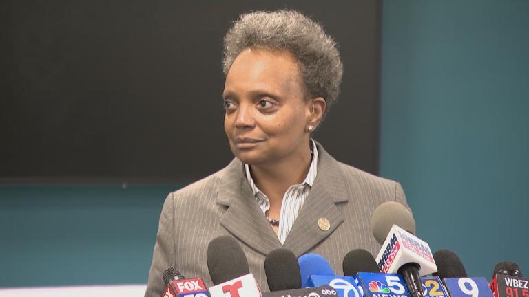 Mayor Lori Lightfoot speaks during a news conference on Jan. 12, 2023, to address issues over campaign emails to official CPS and CCC accounts. (Alonzo Stallings / WTTW News)