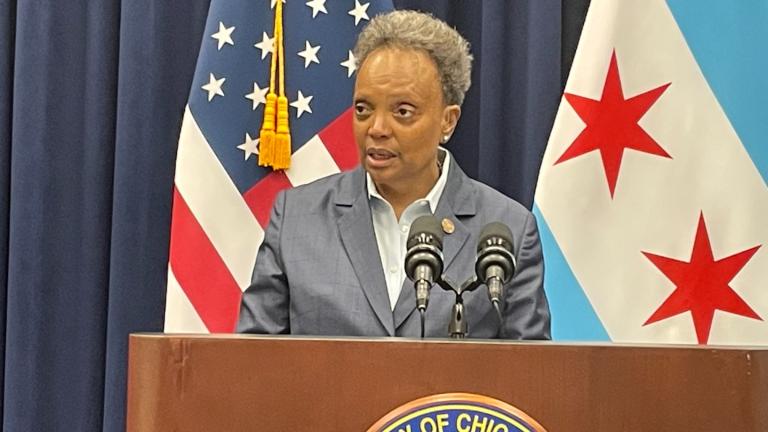 Mayor Lori Lightfoot addresses the news media on Wednesday Dec. 14, 2022. (Heather Cherone/WTTW News)